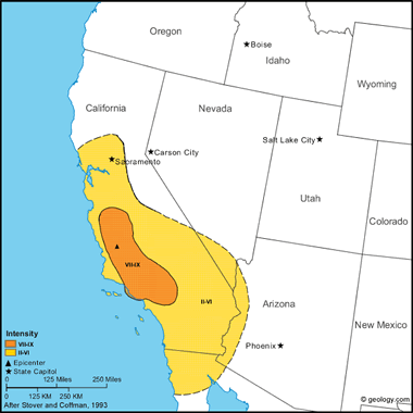 Map of Fort Tejon Earthquake of 1857