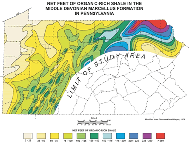 Thickness of organic-rich shale within the Marcellus in Pennsylvania
