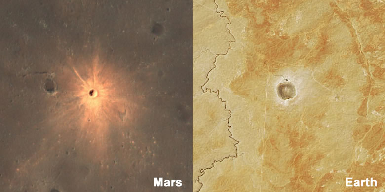bright ejecta around an impact crater on Mars and Earth