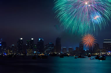 blue, purple, and orange fireworks