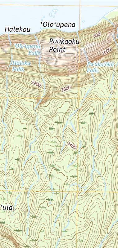 USGS topographic map of Olo'upena Falls and Pu'uka'oku Falls