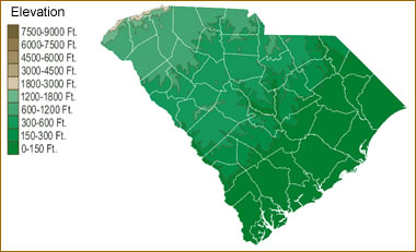 South Carolina elevation map